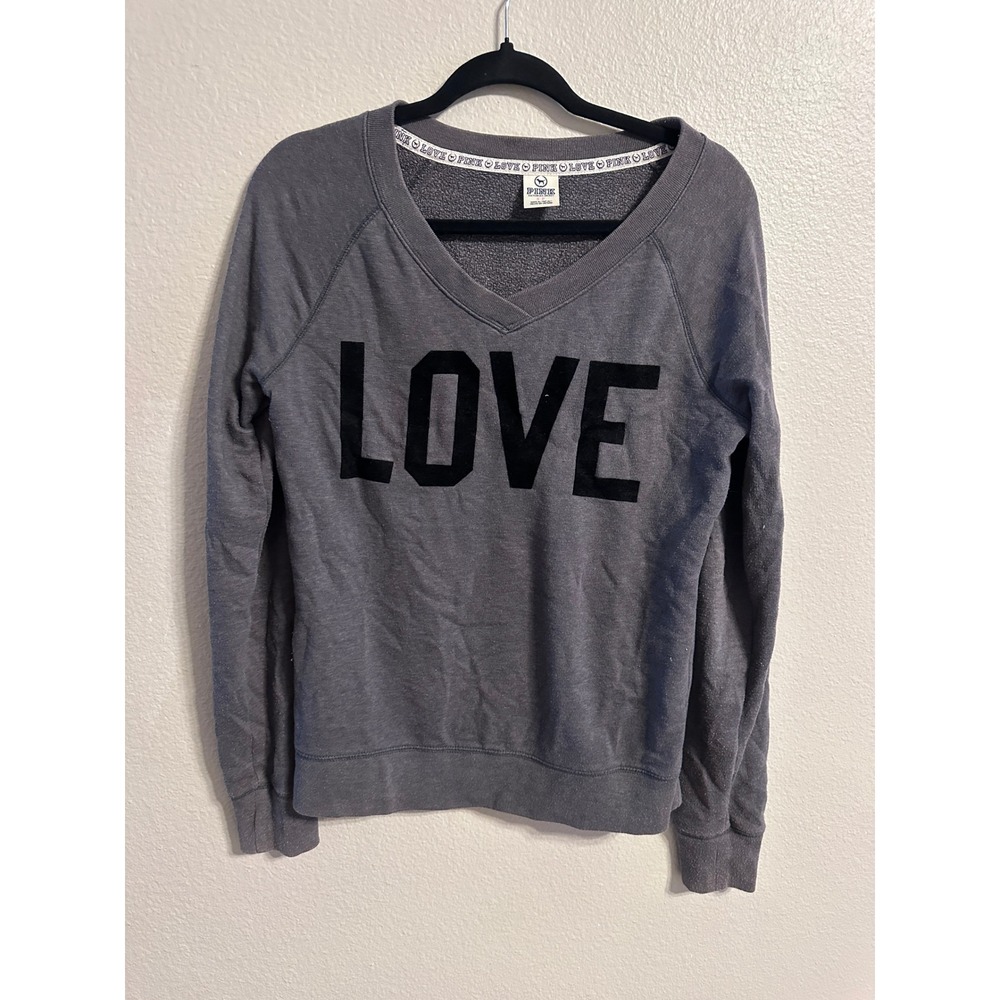 PINK Victoria's Secret LOVE V-Neck Pullover Sweatshirt‎ Gray Comfy Small